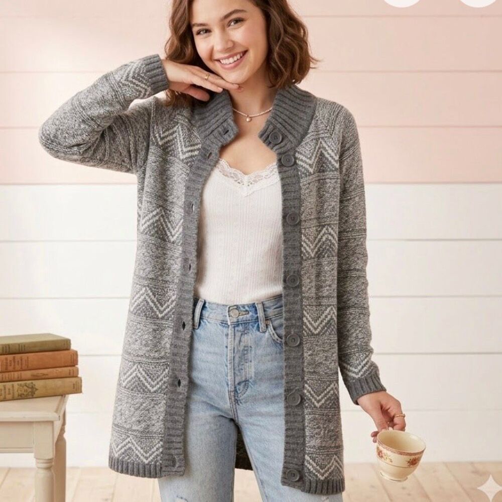 Maryline Italy Wool Blend Longline Cardigan Sweater - Grey Chevron - Size large